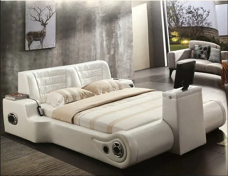 Настоящая Натуральная кожа кровать ТВ мягкие кровати спальня camas горит muebles de dormitorio yatak мобильный кварто массаж динамик bluetooth