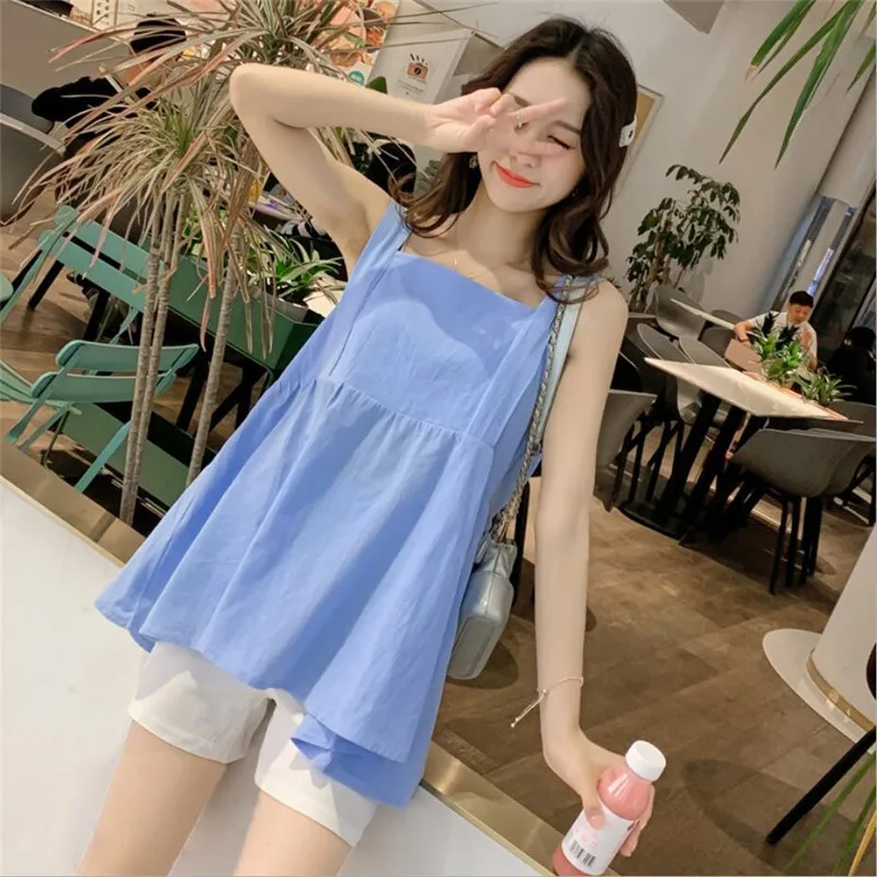 

New summer thin section cotton pregnant women two-piece suit loose doll shirt sleeveless top + stomach lift shorts