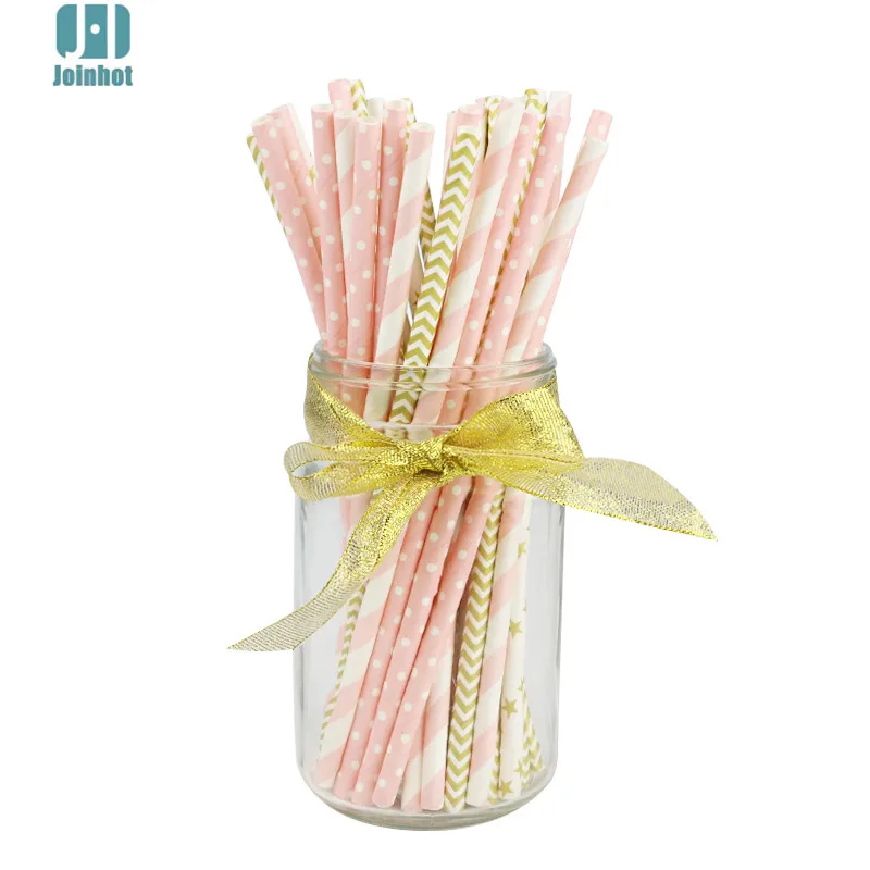 

50pcs/lot pink and gold waves point striped Paper Drinking Straws Creative Drinking Tubes Party Supplies For Wedding star