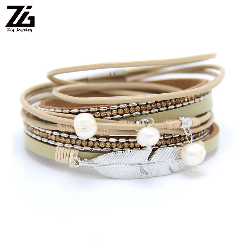 Женский многослойный браслет ZG кожаный с кристаллами и металлическими бусинами