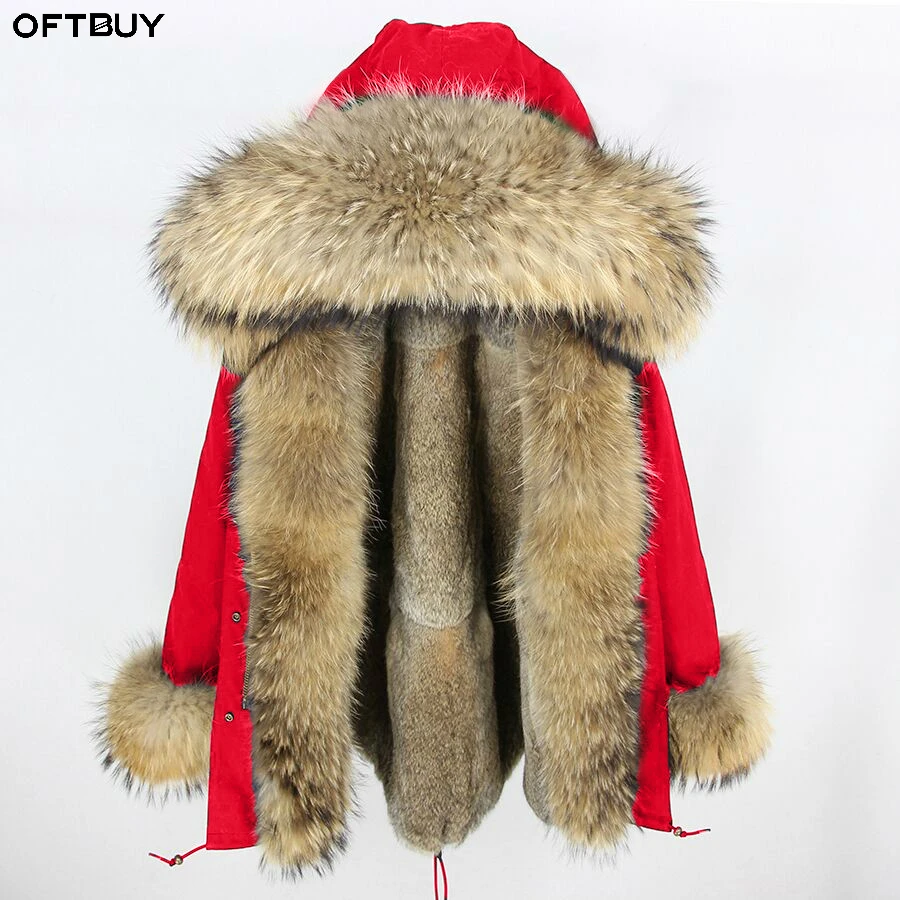Женская парка OFTBUY длинная уличная с воротником из меха енота и кроличьим