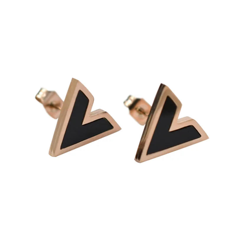 Новые популярные серьги оптовая продажа розовое золото Девушка V слово черные в