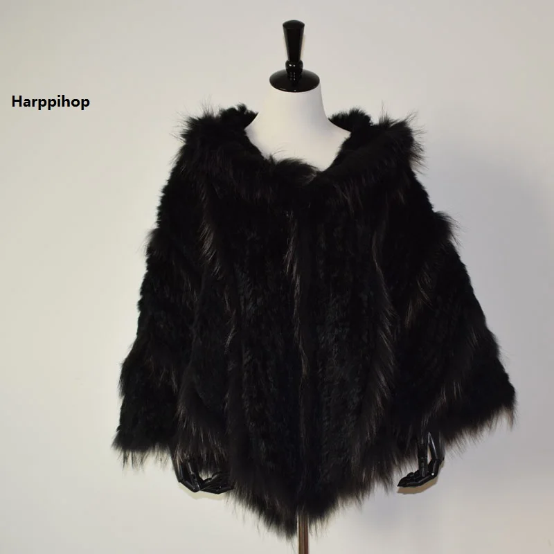 Harppihop Новый Модный женский натуральный вязаный из меха кролика пончо енота
