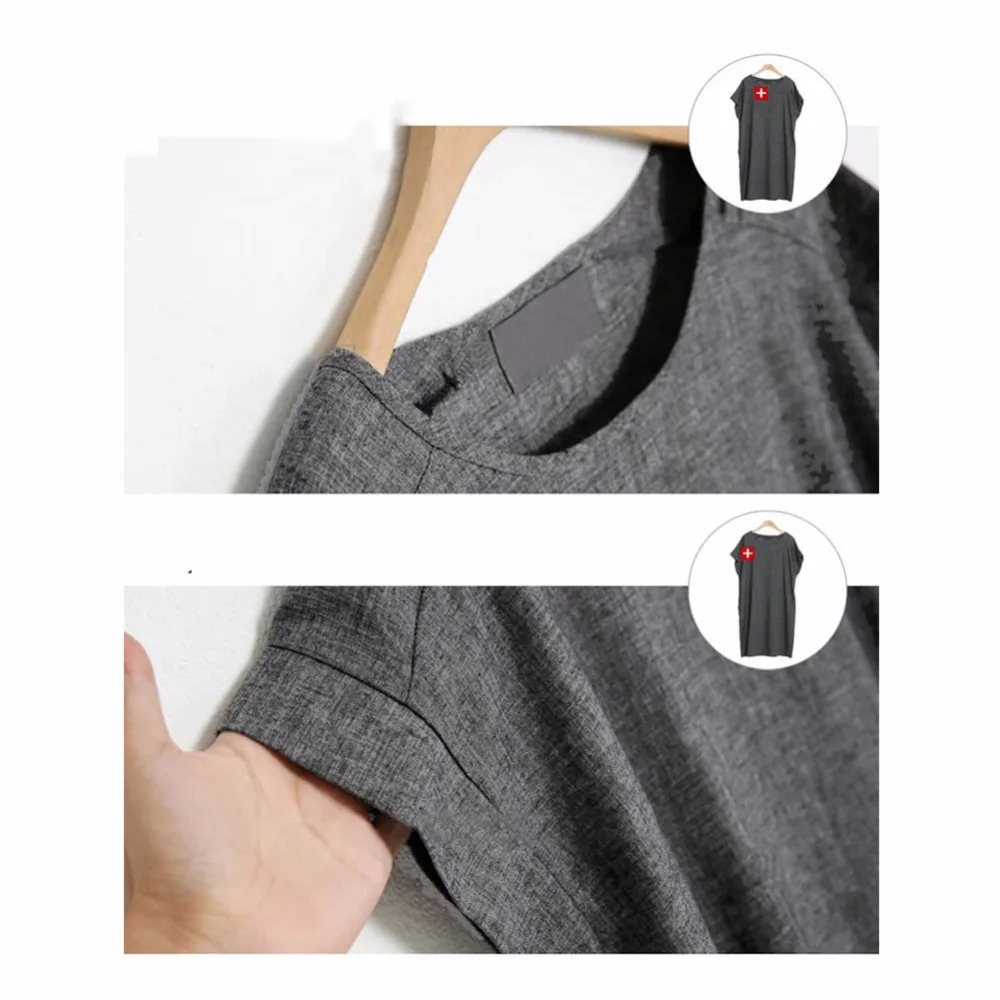 Женское однотонное свободное мини платье из хлопка и льна с коротким рукавом