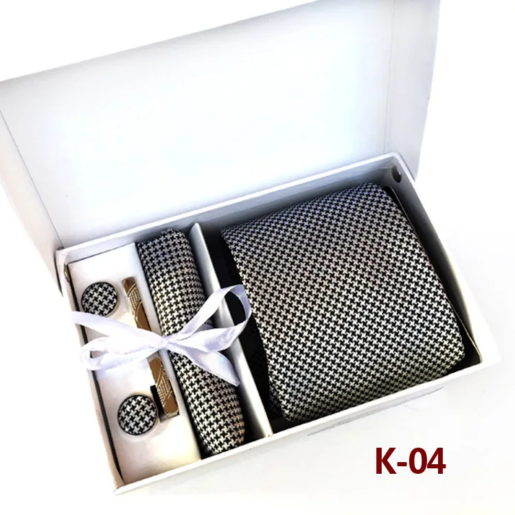 Luxury 8cm Plaid Polka Dot Flower Floral Necktie Pocket Square Cufflinks Tie Clip Set Gift Box Packing Gravata Wedding Party Tie