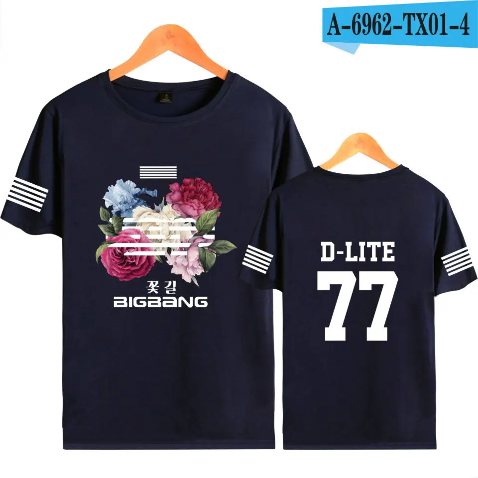 navy blue Футболки в стиле хип-хоп с цветочным принтом BIGBANG Kpop, хлопковая футболка с короткими рукавами, летняя одежда, G-DRAGON T.O.P SOL V.I D-LITE NAZZ - Цвет: navy blue