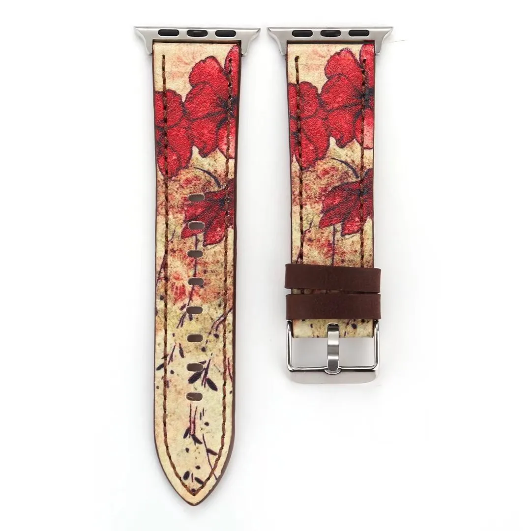 Red Flower Цветочный принт кожаный ремешок для наручных часов Apple Watch, ремешок 42/44 мм 38/40 мм, Версия 1, 2 3 4 Ретро штамп музыкальная нота Напульсники для наручных часов iWatch - Цвет ремешка: Red Flower
