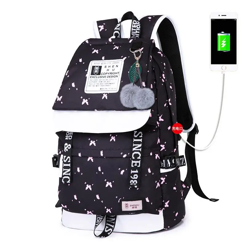 Black butterfly bag Модный женский рюкзак с помпоном и подвеской для ноутбука, женская сумка через плечо, школьная сумка для девочек-подростков, рюкзак - Цвет: Black butterfly bag