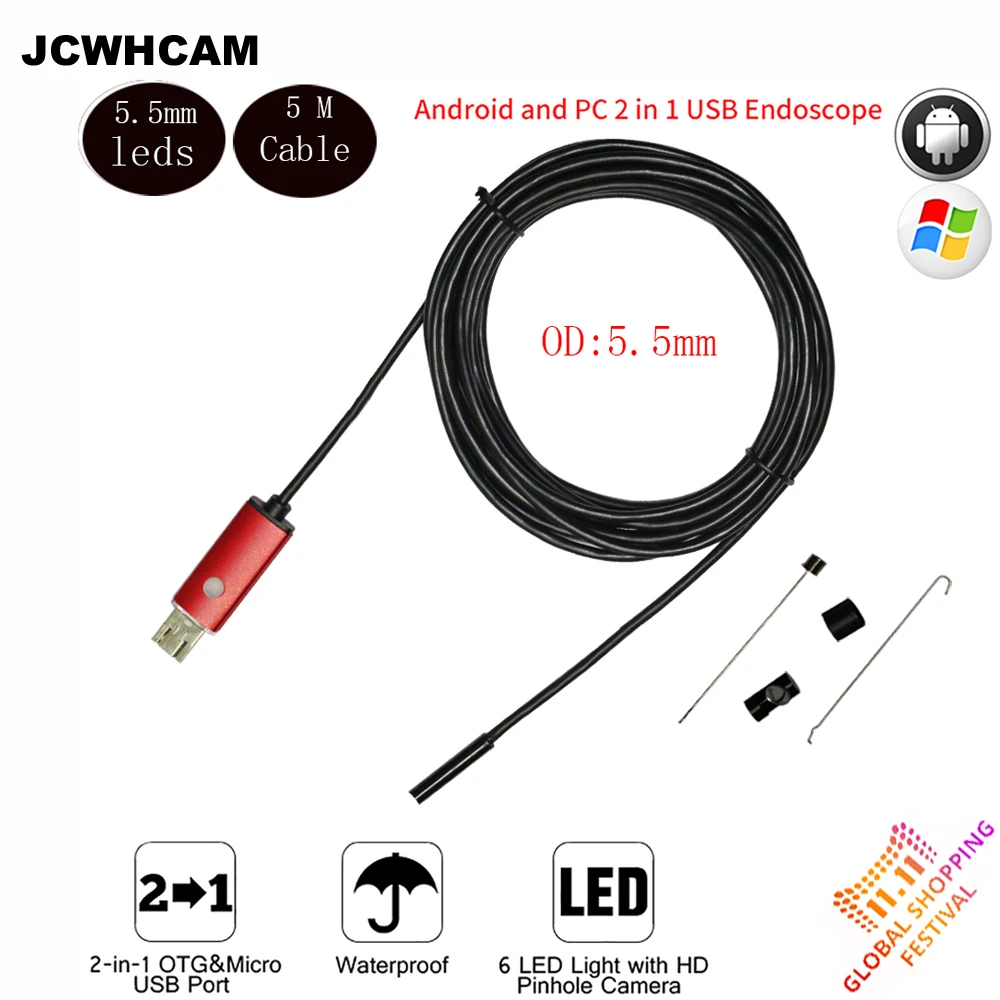 JCWHCAM эндоскоп 5 мм м USB Android камера эндоскопа инспекционная трубка змея мини OTG