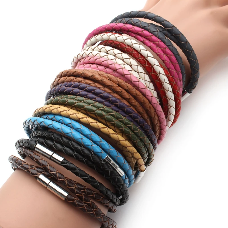 

1pc 100% Genuine Braided Leather Bracelet Men Women 3 Wrap Leather Magnetic Clasps Charm Bracelets Pulseras Male Female Jewelry