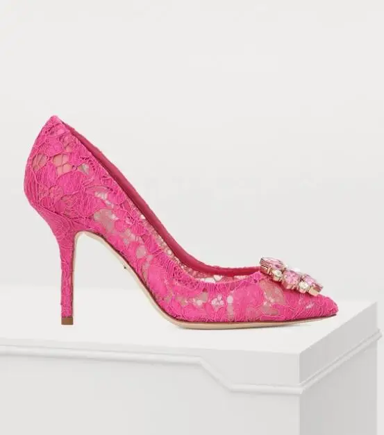 

Moraima Snc Fashion Lace High Heel Shoes Woman Sexy Pointed Toe Thin Heels Pumps Crystal Flower Decorations Stiletto Shoes