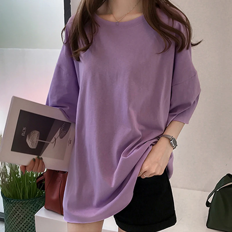 

Zuolunouba 2019 New Arrival Summer Casual Tees Tops Half Sleeve None Solid O-neck Loose Women T-shirts