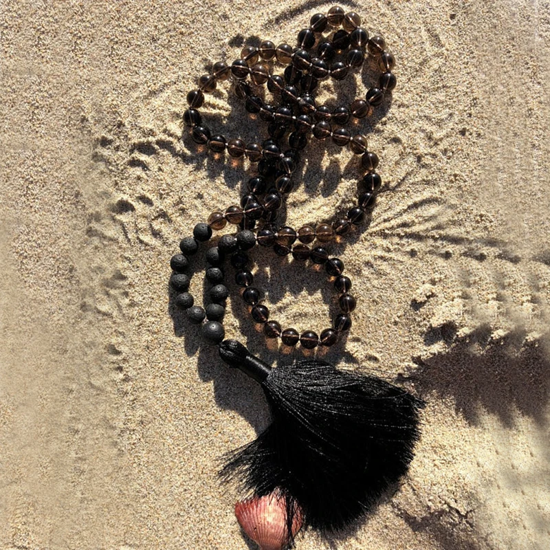 Мужское ожерелье 8 мм с черным камнем и узлом из японской малы 108 молитвенные бусы