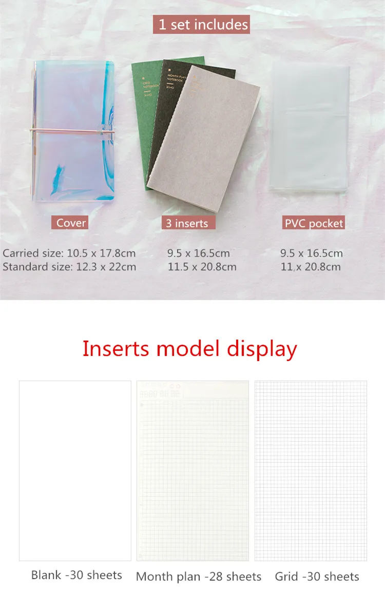 Colorful Travelers Notebook Holographic PVC Cover DIY Journal Gift Blank Grid Monthly Inserts Pages Zip Pocket Trend Agenda