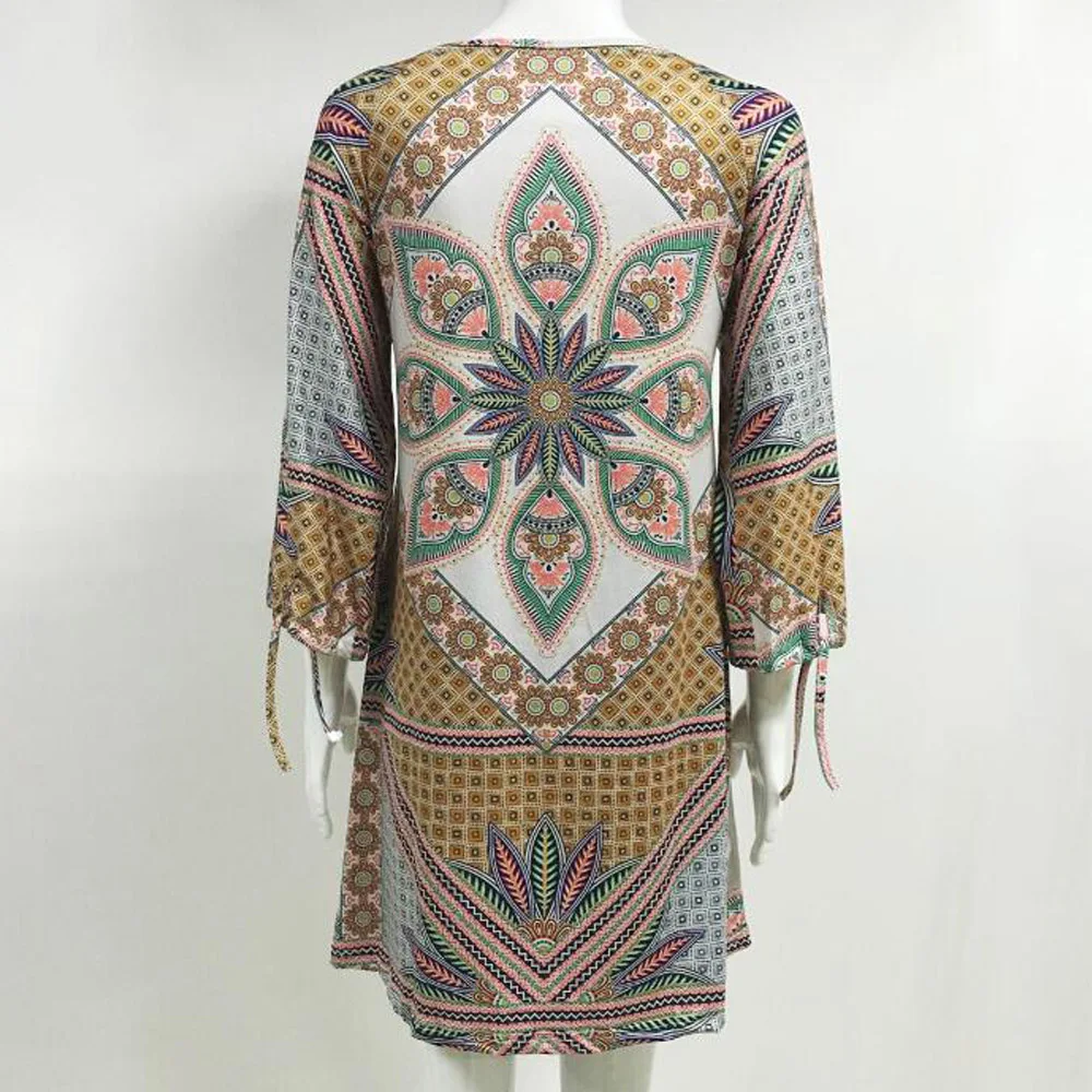 Винтаж Стиль этнический принт свободное платье Для женщин 3/4 рукавами Robe Femme 2019