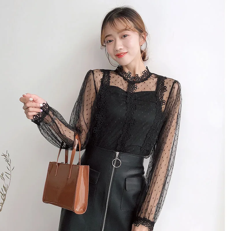 Young Gee Spring Women Lace Floral Embroidery Blouses Shirt Sexy Mesh Tops See-through Long Sleeve Shirts blusa camisas mujer