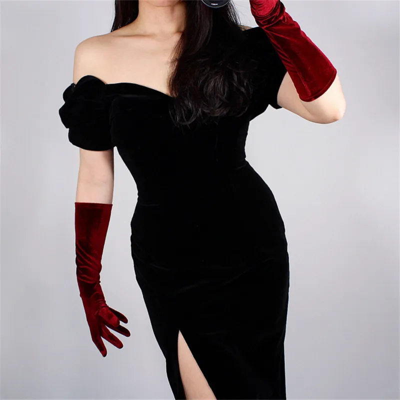 

40cm Velour Gloves Long Section Wine Red Dark Red Female High Elastic Swan Velvet Gold Velour Touchscreen Woman WSR04