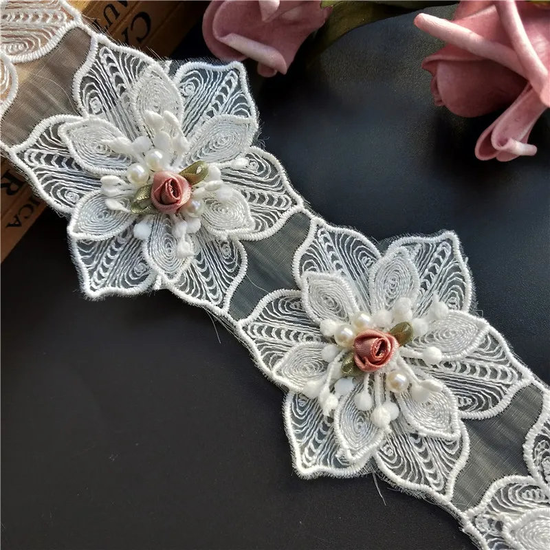 1 ярд белая жемчужина роза цветок вышитая искусственная отделка лента ткань