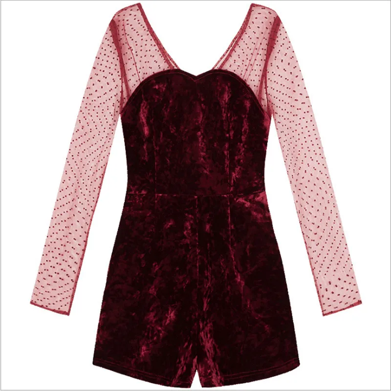 

Sexy women jumpsuits & rompers elegant red velvet playsuits with dot lace top jumpers European and American style for ladies