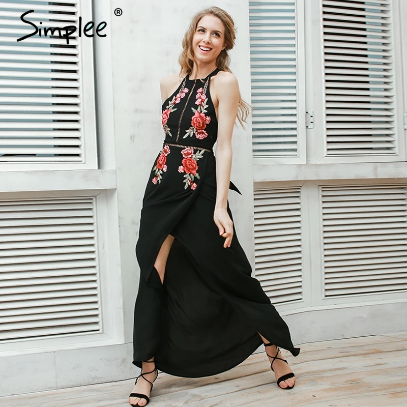 Женское летнее шифоновое длинное платье Simplee с вышивкой сексуальное лямкой через