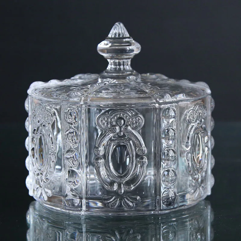 A 14x14cm Европейский двор, винтажная Выгравированная рельефная банка для конфет, Высокая ножка с крышкой, резервуар для хранения, стеклянный контейнер, канистра, домашний Свадебный декор - Цвет: A 14x14cm