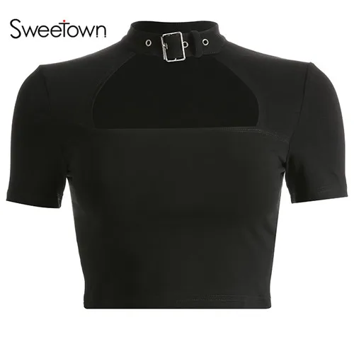 black Sweetown черная тонкая сексуальная летняя футболка женская укороченная майка с вырезом спереди Femme колье воротник короткий рукав Готическая футболка - Цвет: black