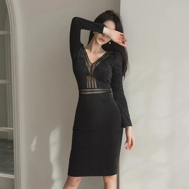 Платье-Карандаш большого размера черное/коричневое с длинным рукавом