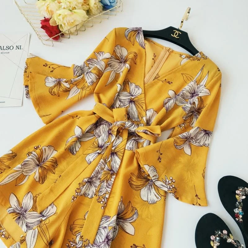Boho шикарный летний пляжный желтый костюм сексуальный v-образный вырез с расклешенными рукавами Свободные Комбинезоны элегантный шифон цветочный принт женский комбинезон