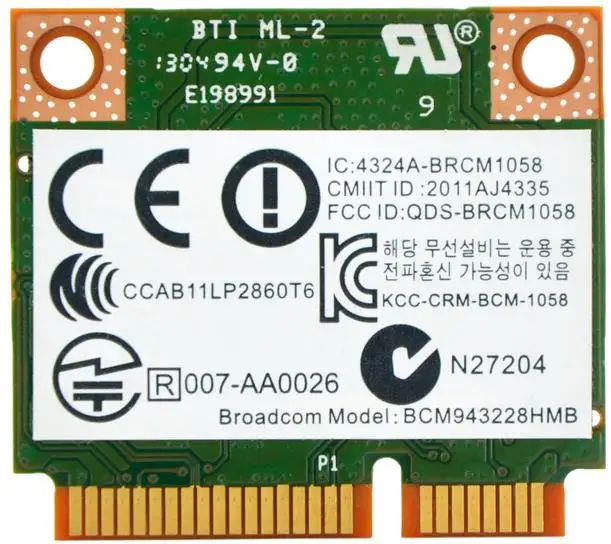 Беспроводная Wi Fi карта BoardCom BCM943228HMB 300 Мбит/с 802.11a/b/g/n половинная мини PCI Express BT4.0