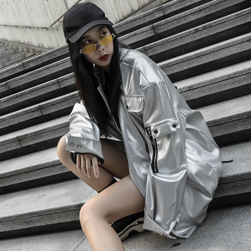 Silver Black PU Leather Jacket Men's Hip Hop Fashion Oversized Leather Jacket Coat Male Women Multi-pockets Lace Up Jackets