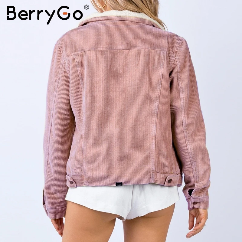 BerryGo Повседневная Вельветовая зимняя куртка пальто женская из овечьей шерсти с