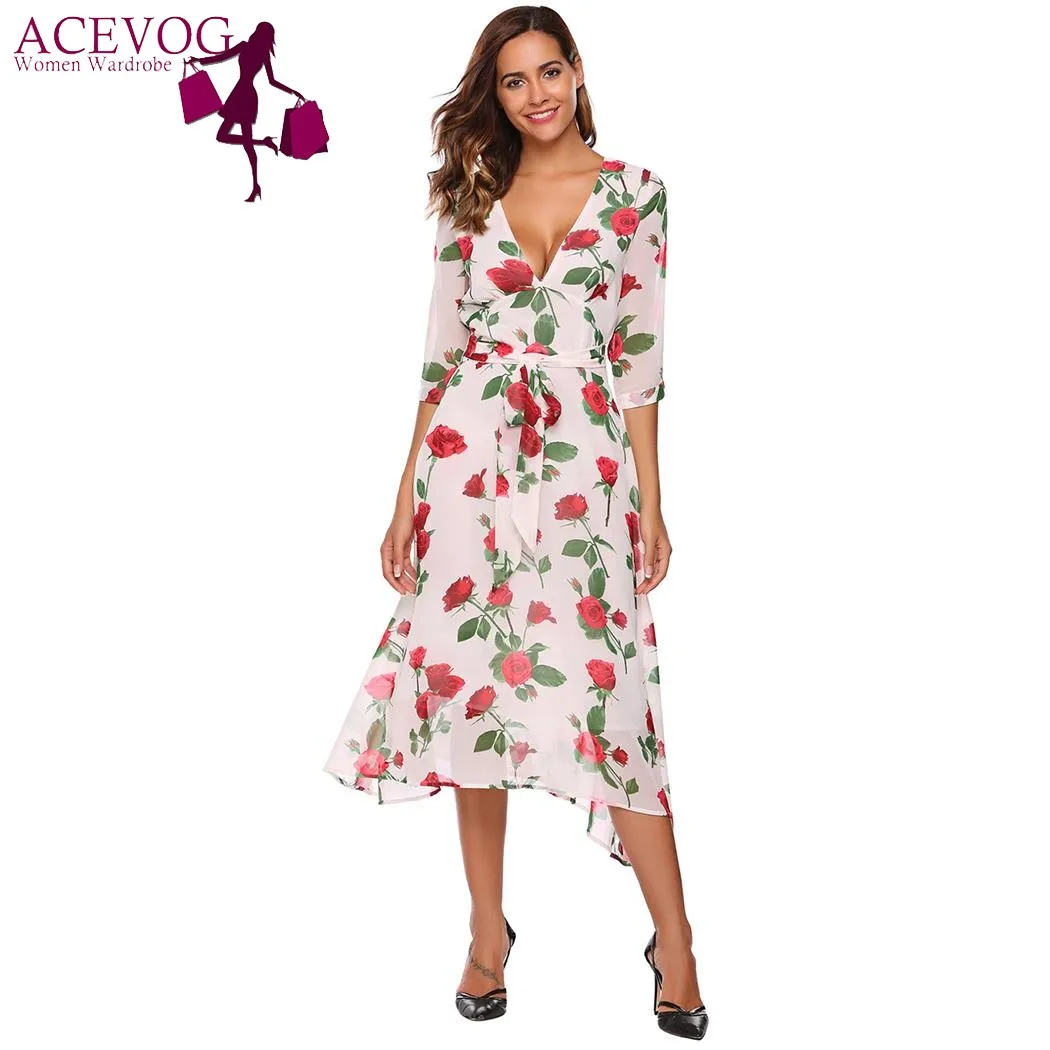 ACEVOG Women Vintage Dress Autumn Fashion V-Neck 3/4 Sleeve High Waist Floral Dresses Feminino Vestidos Femme Robe | Женская одежда