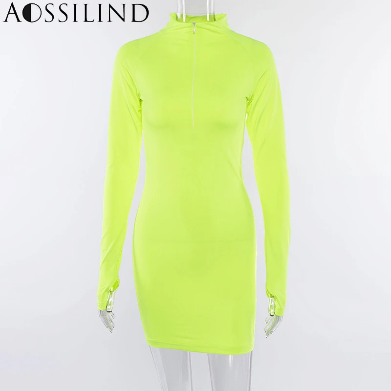 Short Style AOSSILIND, Осень-зима, водолазка с длинным рукавом, на молнии, сексуальные, облегающие, миди платья, женские, повседневные, облегающие, длинные, вечерние, Клубные платья - Цвет: Short Style