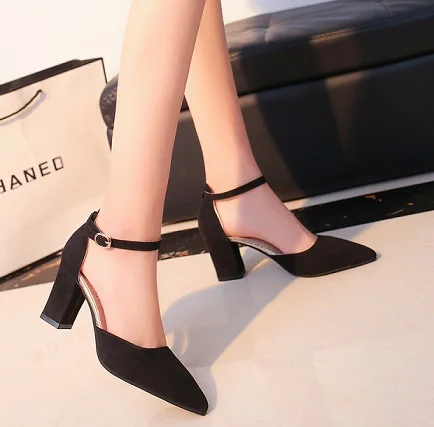 Spring New thick with wild women's single shoes Korean version of shallow mouth pointed black high-heeled work shoes