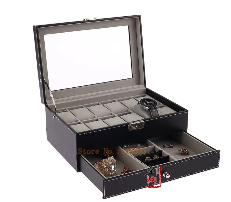 Черная кожаная коробка для мужских часов 12 дюймов с ящиком ювелирных изделий
