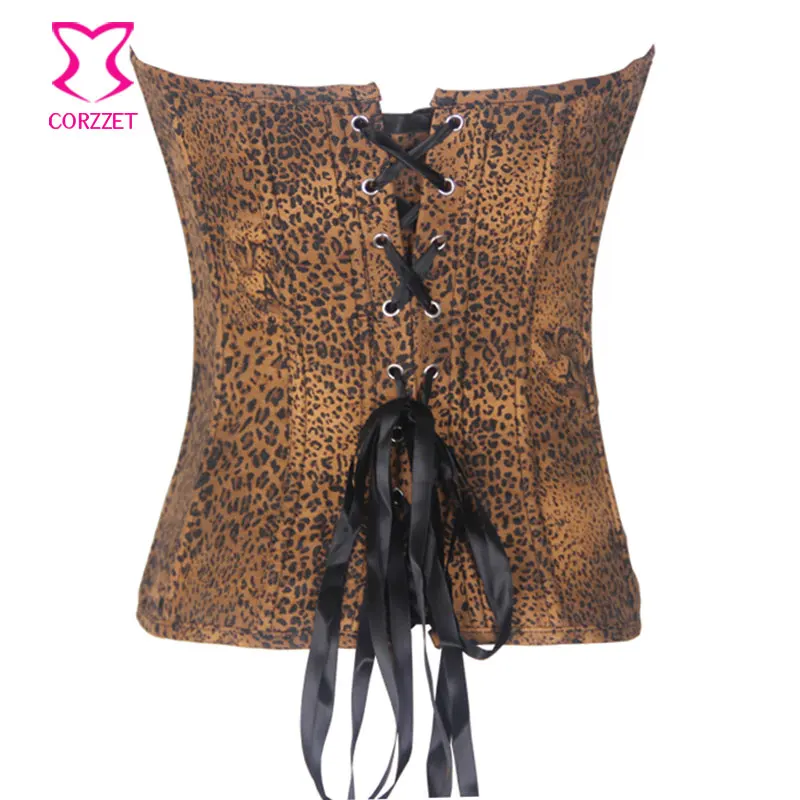 Brown Overbust Denim Corset Leopard Print Cowgirl Gothic Bustier Top Burlesque Corselet | Женская одежда