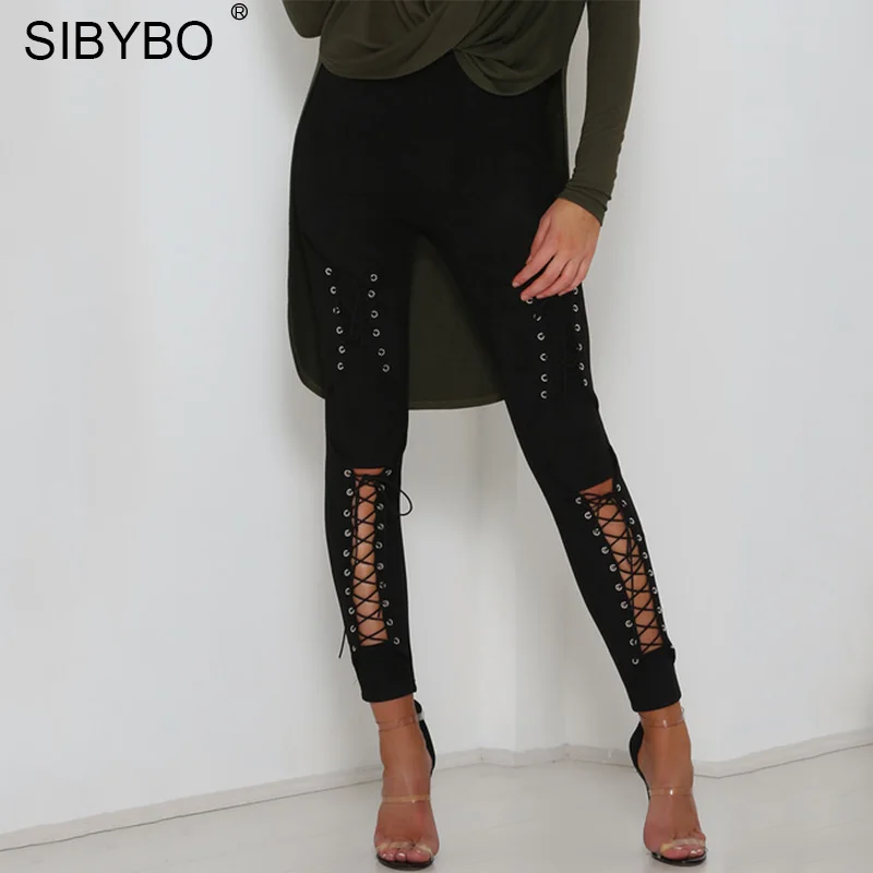 Sibybo, женские замшевые брюки на шнуровке, Осенние, новые, открытые, обтягивающие, сексуальные брюки, женские, бандажные, длинные, повседневные, женские брюки