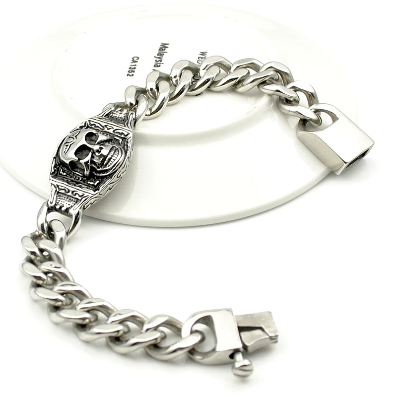 AMUMIU высшее качество Готический стиль череп браслет 316L нержавеющая сталь Горячая
