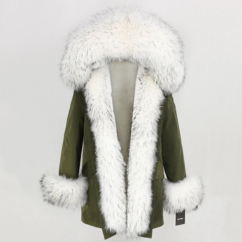 green white OFTBUY, пальто с натуральным мехом, зимняя куртка для женщин, натуральный мех енота, капюшон, водонепроницаемая, длинная парка, съемная, уличная одежда, роскошные парки, теплые - Цвет: green white