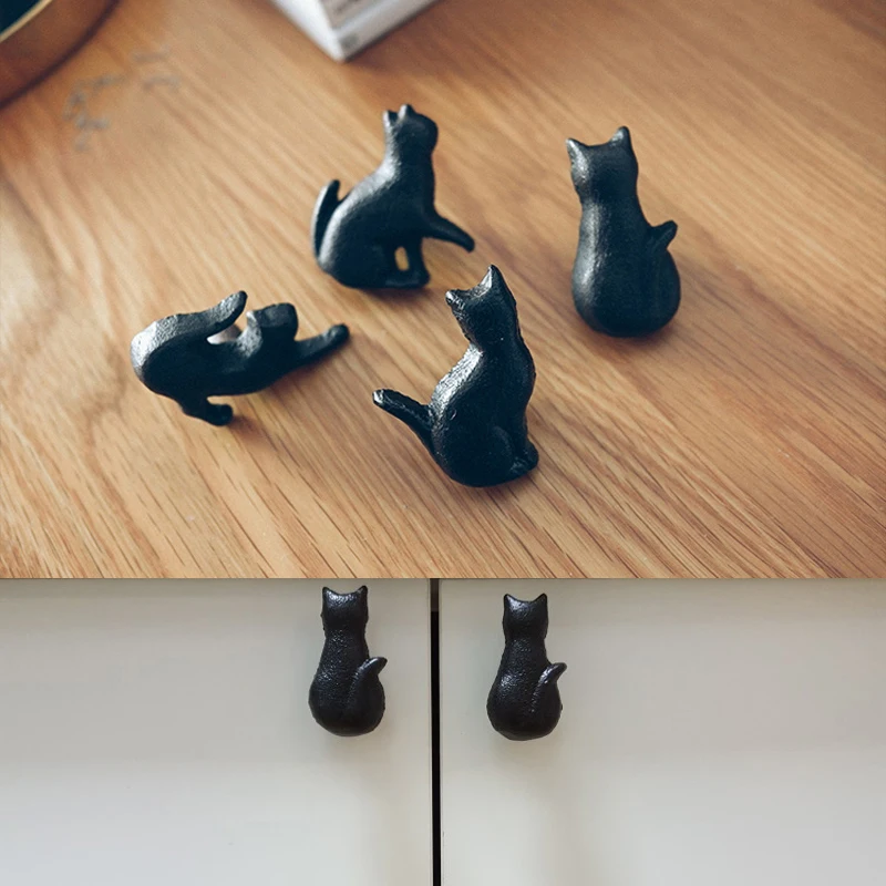 

4pcs/lot Cast Iron Matt Black Cabinet And Furniture Door Knobs Cupboard wardrobe door Pulls HandleAmerican style cat Knobs
