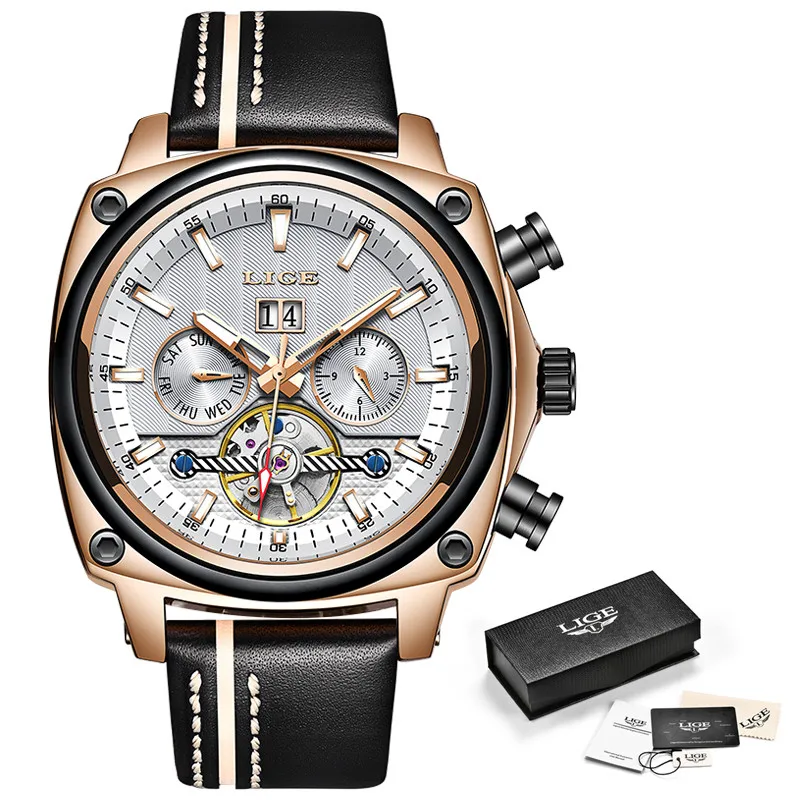 Rose Gold White Мужские часы, модные турбийон автоматические механические часы, мужские кожаные водонепроницаемые спортивные часы с большим циферблатом, мужские часы - Цвет: Rose Gold White