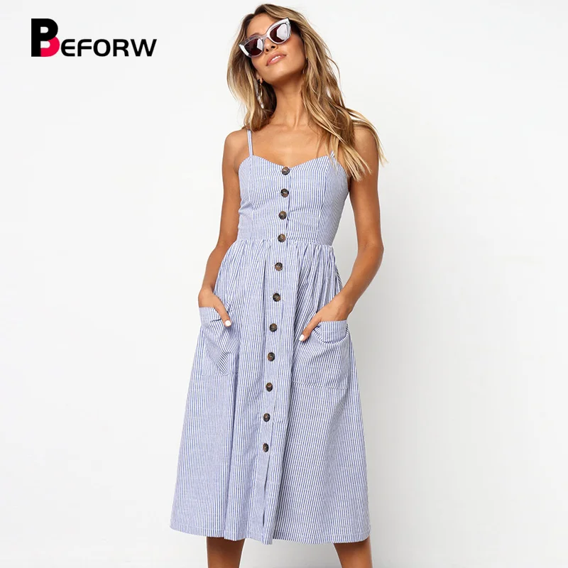 BEFORW женское богемное платье цветочным рисунком летнее сексуальное сарафаны пляжное платья сарафан пуговицами красное Платье полоску женские повседневное платья