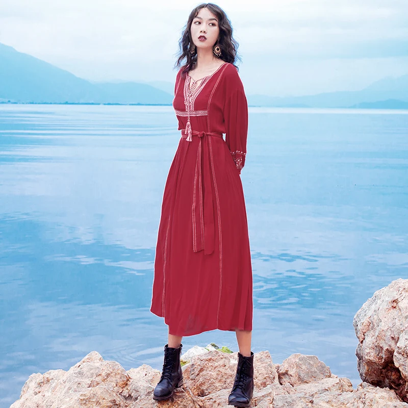 Женское платье до середины икры YOSIMI длинное шифоновое винтажное с вышивкой и