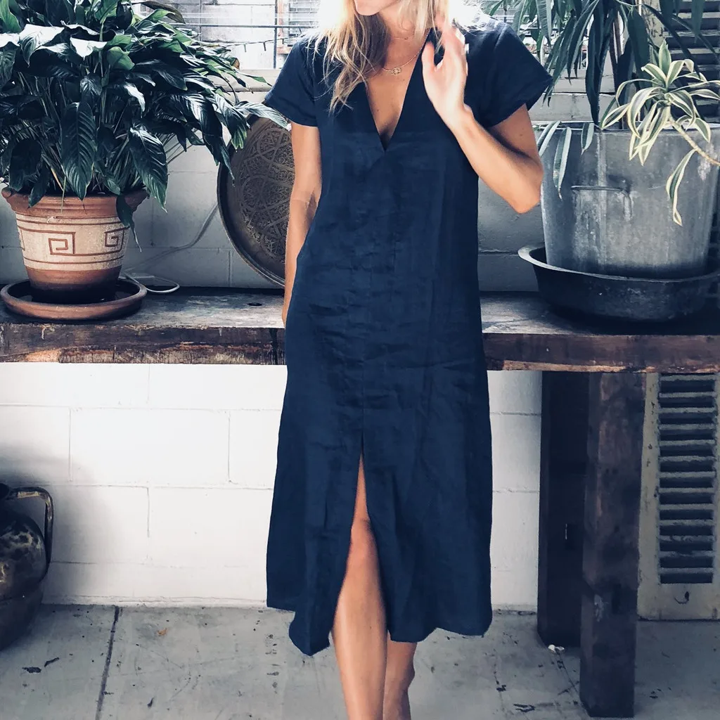 Женское винтажное льняное платье повседневное свободное миди размера плюс с