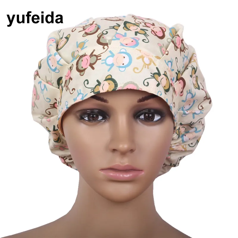 YUFEIDA, унисекс, медицинские больничные шапочки, доктор, медсестра, женщина, лабораторная печать, хирургическая кепка, хлопок, регулируемая, Jalecos, длинные волосы, скраб, Кепка