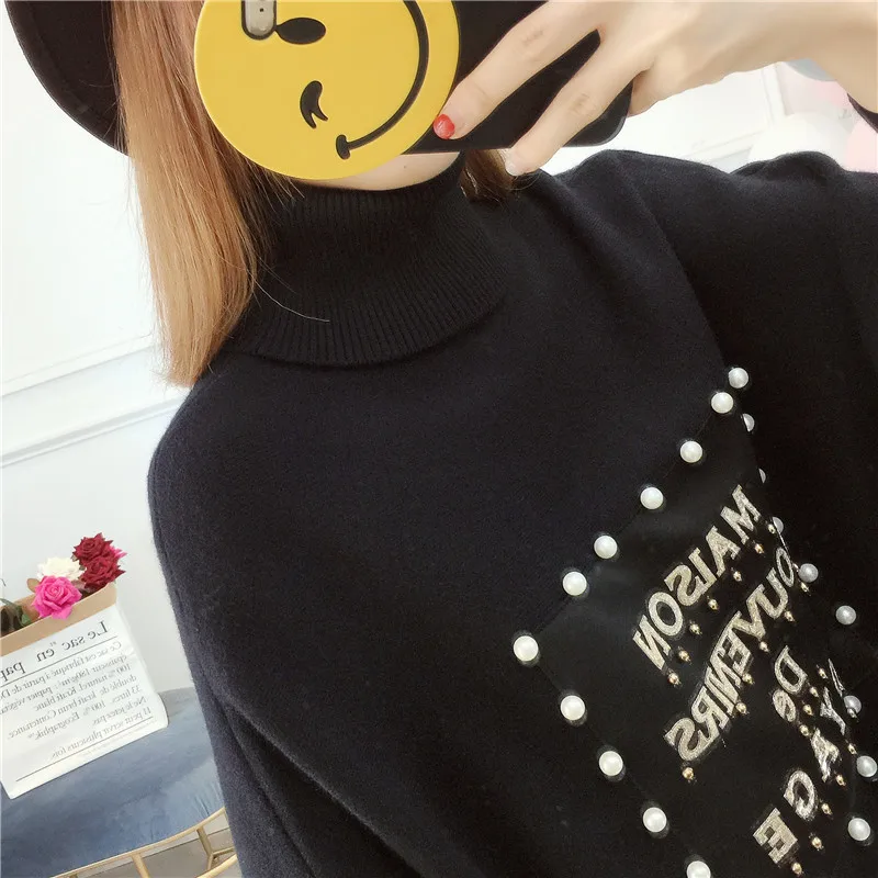 2021 Women Pullover Fashion Beaded Patch Sweater Autumn Winter Warm Wrap Swing Turtleneck Long Sleeve | Женская одежда
