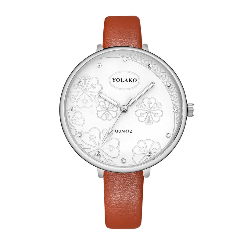 Women Flower Pattern Wristwatches Silver Dial Luxury Leather Rhinestone Quartz Watches Clock Clover Heart ZC Diamond YOLAKO Hour | Наручные