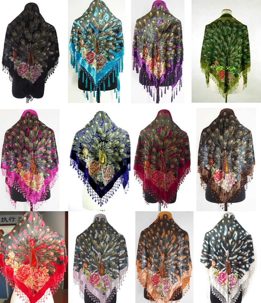 

Fashion Scarf New Wrap Scarf Women's Silk Velour Embroider Bead Trilateral Peacock Shawl Scarf Scarves Many Colors Wrap Shawl