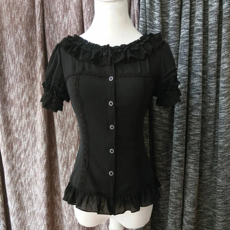 Белая шифоновая кружевная блузка с круглым вырезом и рюшами лодочкой высокое