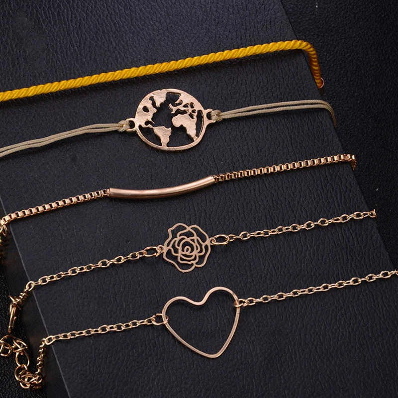 5 шт./компл. богемный полый Золотой сердечко карта цветок кожаная цепочка